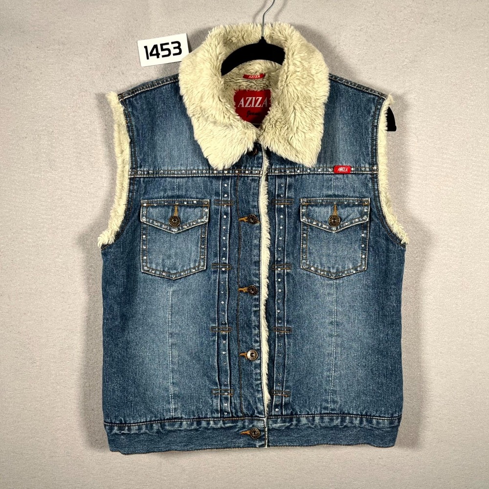 Aziza‎ Jeans Denim Vest Womens Large Blue Faux Fur Lined Collar Logo Rhinestone